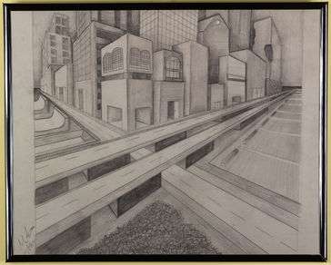 Perspective drawing of a city surrounded by highway. 