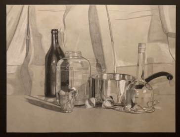 Objects placed on a table in front of a large piece of fabric with many folds: a tall wine bottle, a wide-mouth glass jar, a metal pot, a cotton plant, and a small, steel gravy boat with the design of a sea shell. 