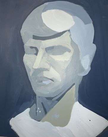 Painting of a white male bust, in blue.
