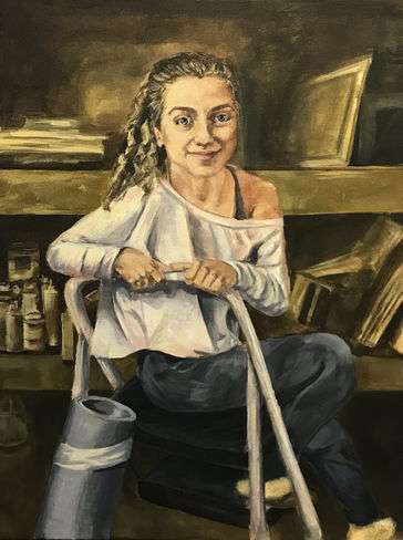 A self portrait of the artist in her studio.The artist wears bright colors, and a variety of art supplies can be seen in the sunny, yellow background.