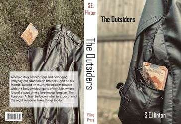 "The Outsiders" by S.E. Hinton with a photo of a leather jacket with a pack of Camel cigarettes and a comb
