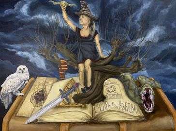 A woman sits on a tree sprouting from a book, surrounded by references to popular children's book "Harry Potter"