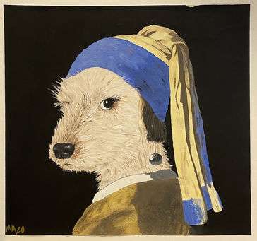 A dog looking over his shoulder at the viewer, dressed ornately in 16th century fashion. It mirrors the work of Johannes Vermeer's, "Girl With a Pearl Earring,". 