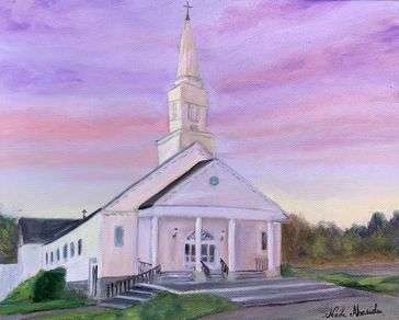 A painting of a parish: mostly white, but with a purple and pink pastel sky. The colors reflect off the white parish but makes the building have a tint of light pink.