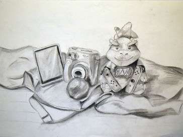 A drawing of several toys, including a games console, polaroid camera, and turtle plushie. 