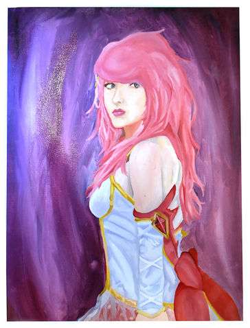 A painting of a girl dressed in a costume consisting of  white fabric, red ribbons, and  gold accents she has long pink hair and appears to be in a purple void. 