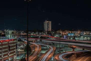 Steady streams of nightime city lights.