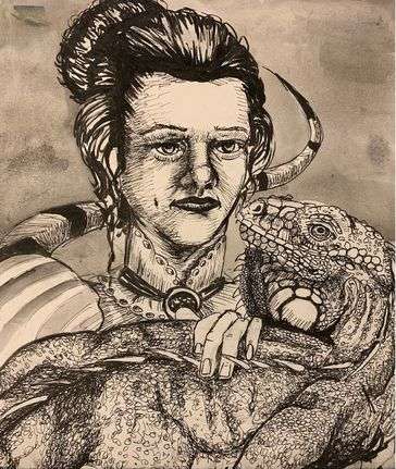 a women dressed in Victorian clothing with her hair up in a bun holding an iguana 