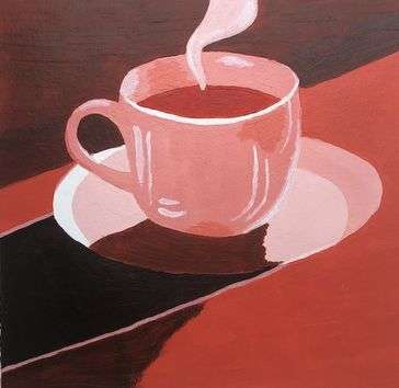 A painting of a coffee cup sitting on a saucer painted in various shades of red, with light and dark shadows throughout.