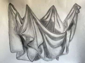 A charcoal drawing of a piece of hanging fabric. It is hanging on a chalkboard held by push pins. 