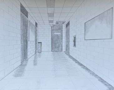  A hallway drawn in one point perspective using various graphite pencils. It has many shadows and highlights.