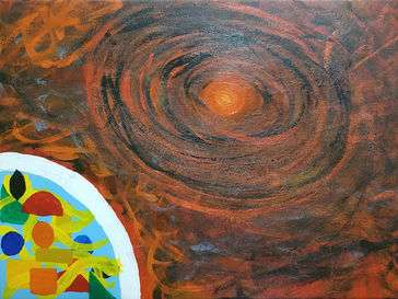 A light-blue circle with shapes riding a yellow wave, has a white barrier around it. Surrounding the circle is the violent atmosphere of a circular vortex, whose heart shines bright orange.