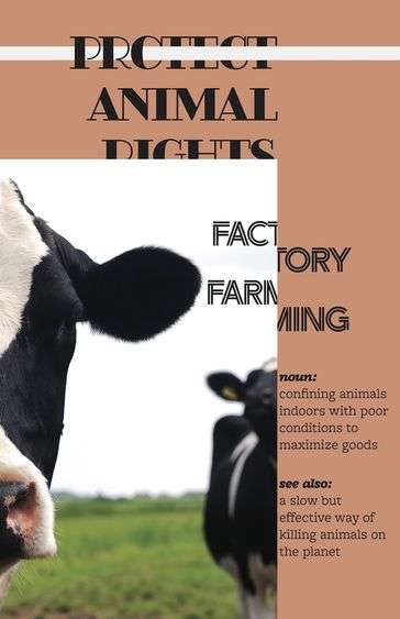  “Protect Animal Rights” is written above a photograph of cows: Below are the words “Factory Farming”