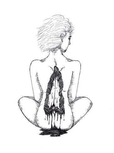 A drawing viewed from the back of a person with a large wound through their body. 