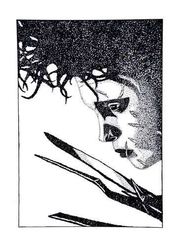 A pointillism side profile drawing of the character Edward Scissorhands.