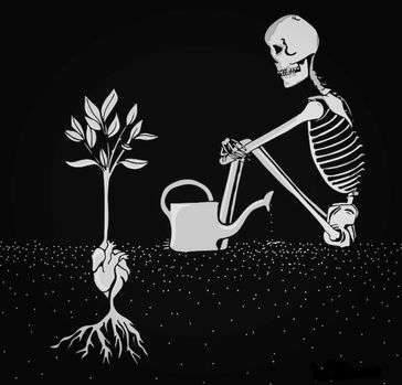 A skeleton, watering, and waiting for his heart to grow. 