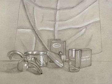  A still life drawing of common kitchen objects in front of draped fabric. 