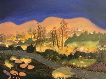 A landscape painting, of a forest burning at night.