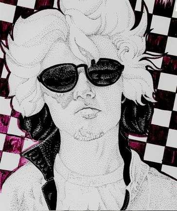 A stippled portrait of artist George Watsky against a checkerboard background. He has fluffy, sweeping hair, sunglasses, and wears a relaxed look.