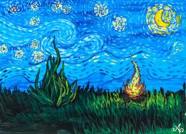  A painting inspired by Van Gogh's "Starry Night" showing a campfire.