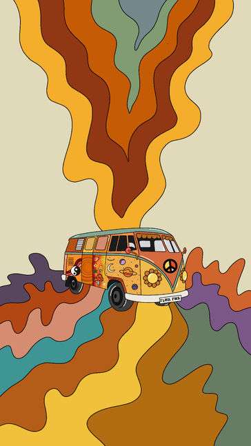 A typical painted hippie van in the center and flowing lines and squiggles around it