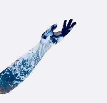 Inside the outline of a hand is wavy, blue water that extends from the tip of the fingers to the elbow. 