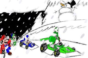 several fictional characters racing go-karts on a snowy mountain