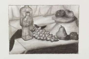 rendering of a still life of two glass bottles, varitations of fruit, and cloth. 